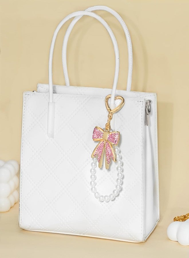nylry Bow Keychain Bow Bag Charm Purse Charms for Handbags Rhinestone Bowknot Keychains With Pearl Chains Cute Keychains for Women Crystal Bag Charms for Backpacks Keychain Accessories Gifts-pink - Image 5